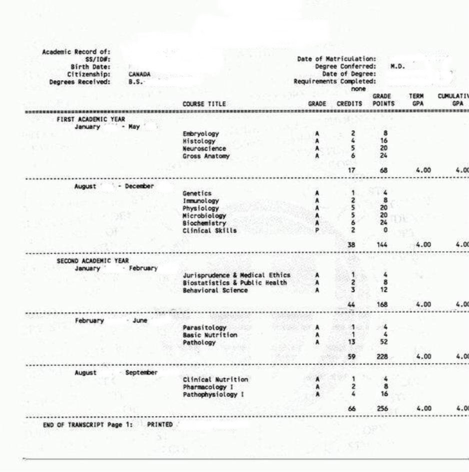 Medical School Transcript